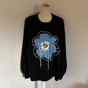 POL Oversized Distressed Flower Sweater – Black & Blue Grunge Knit | Size L